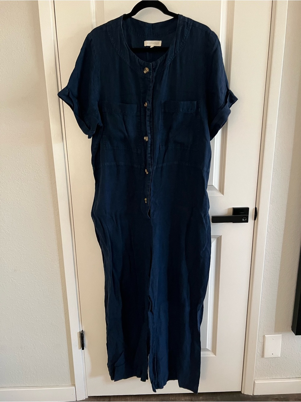 Linen Navy Short-Sleeve Button-Front Jumpsuit